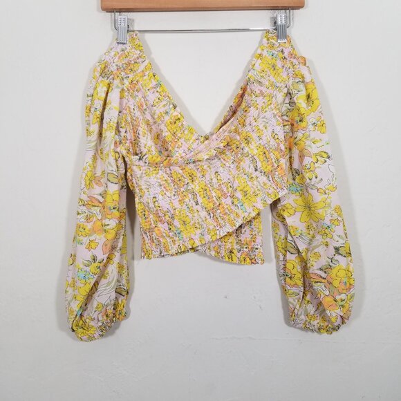 Free People Floral Long Sleeve Crop Top Blouse Yellow Size L - Picture 4 of 5
